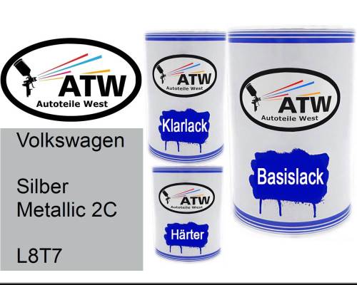 Volkswagen, Silber Metallic 2C, L8T7: 500ml Lackdose + 500ml Klarlack + 250ml Härter - Set, von ATW Autoteile West.